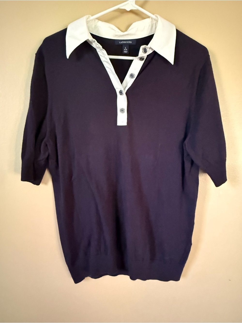 Lands’ End Navy Blue White Collared Knit Top L 14-16 Preppy 3/4 Sleeve